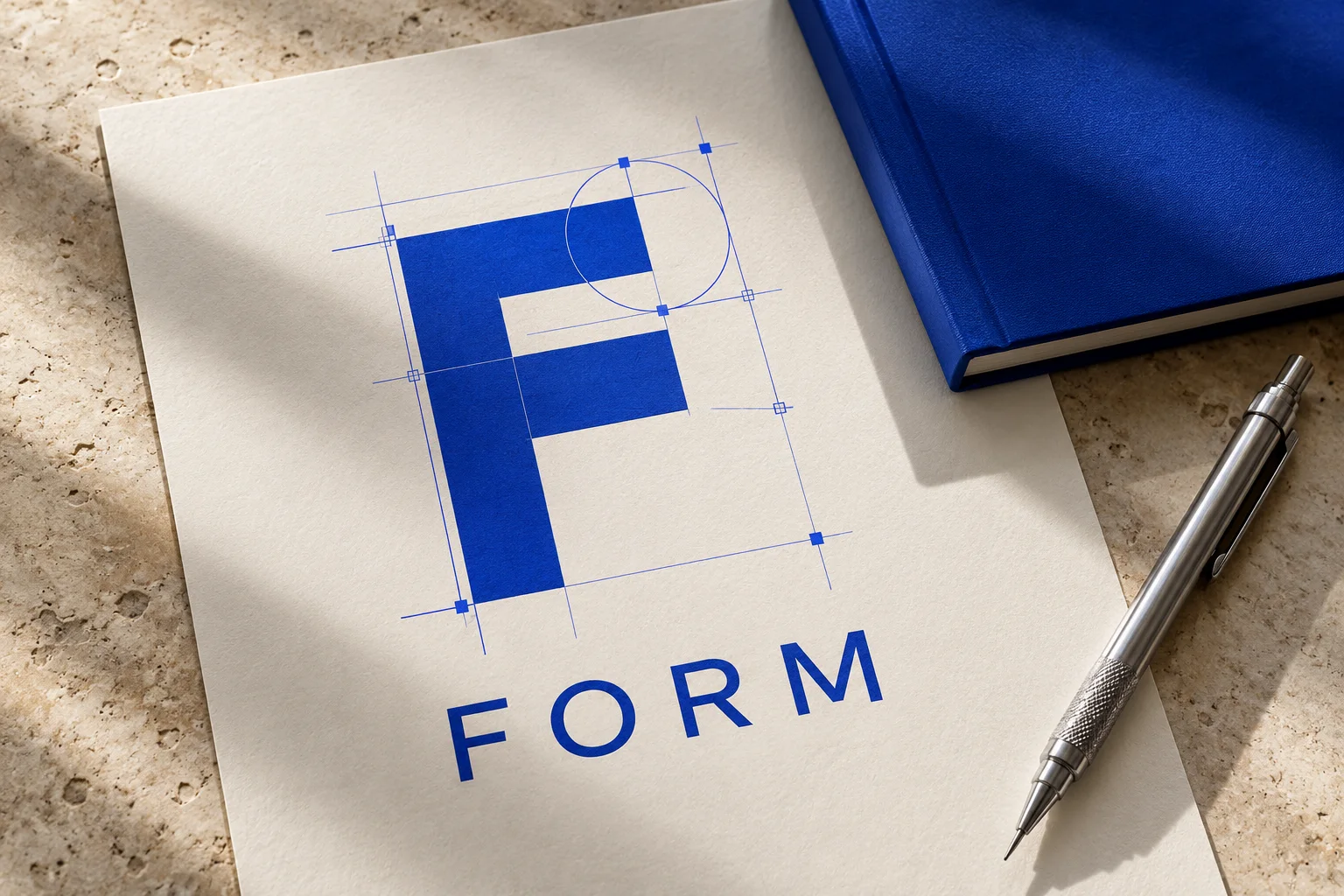 Fictional FORM logo-construction sheet, cobalt notebook and chrome pencil on pale limestone
