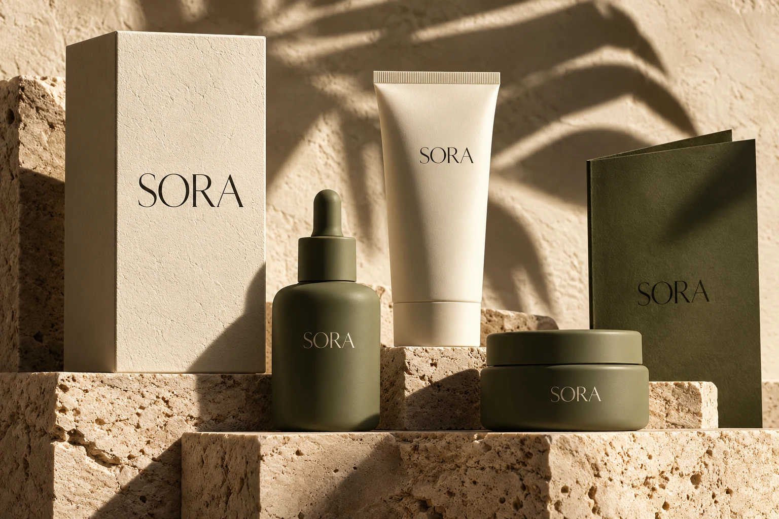 Olive and ivory SORA skincare vessels, a textured carton and folded booklet arranged on travertine in warm sunlight