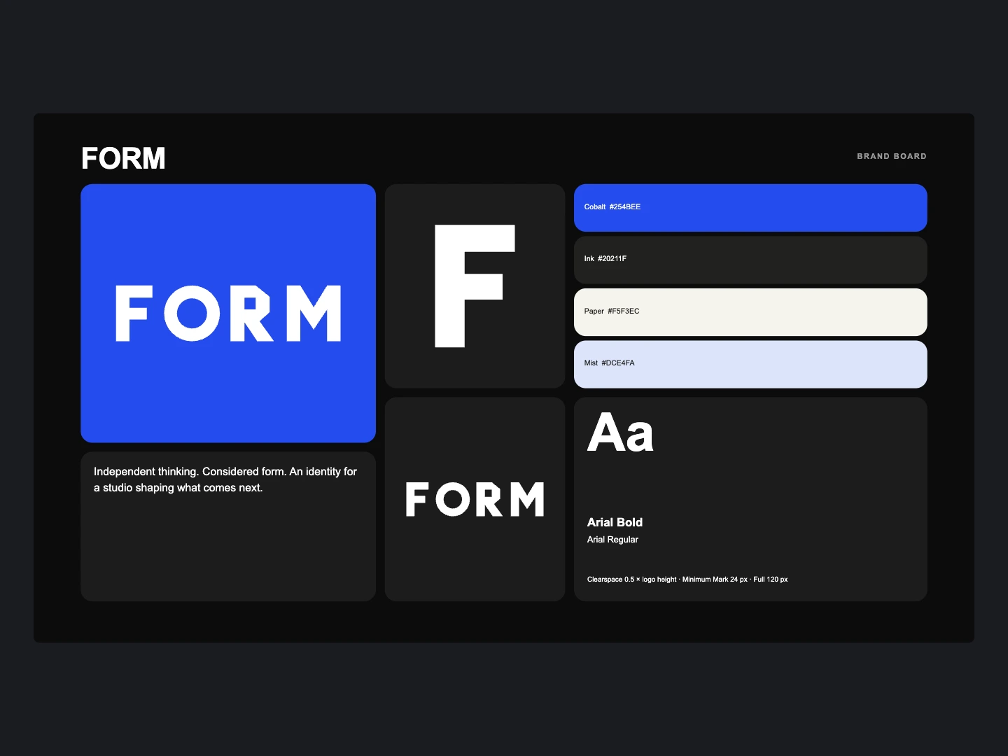 FORM brand board with geometric logo, typography, brand description and cobalt, ink, paper and mist palette