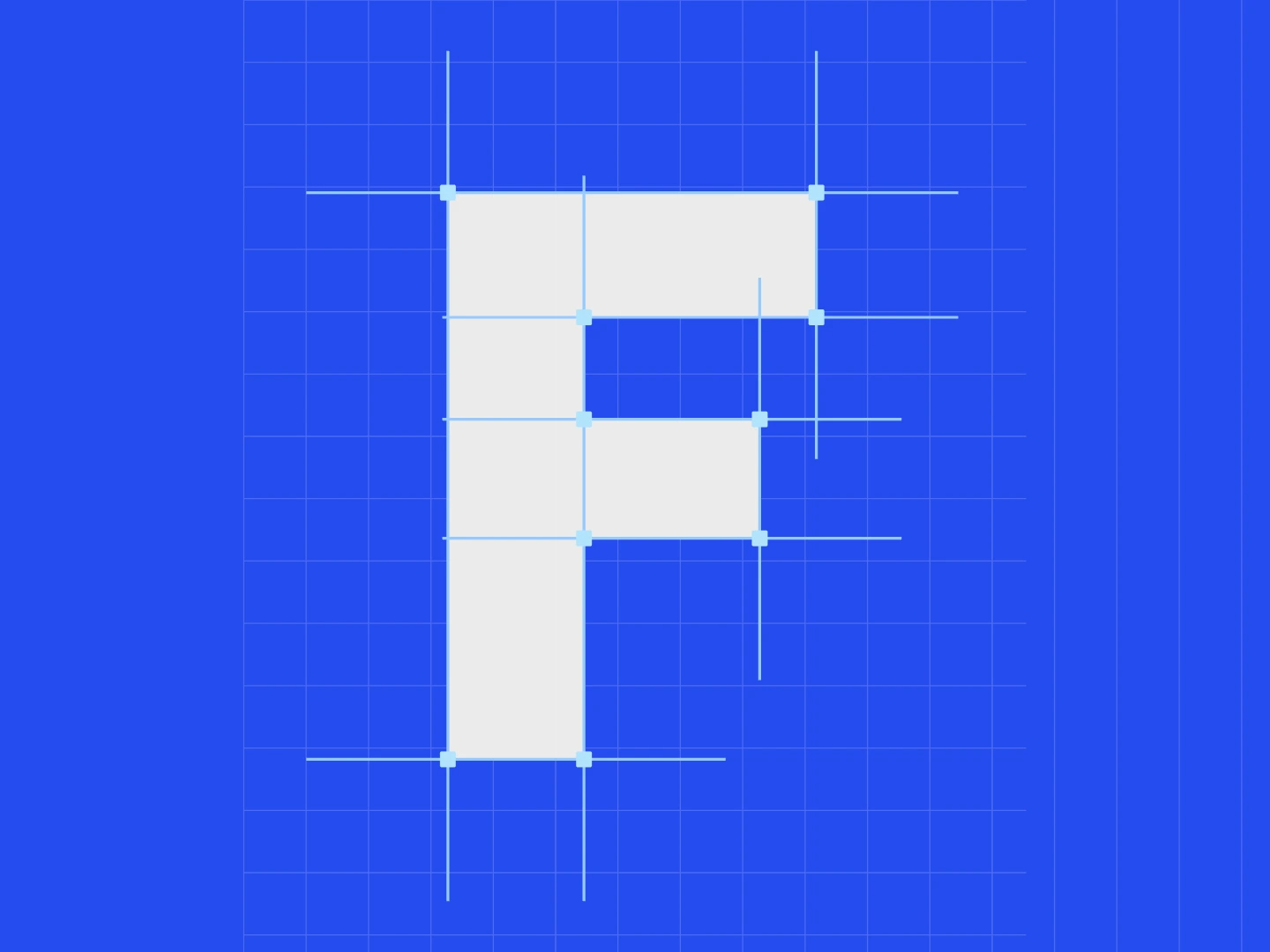 A geometric F mark on cobalt with editable-path outlines, construction guides and square anchor markers