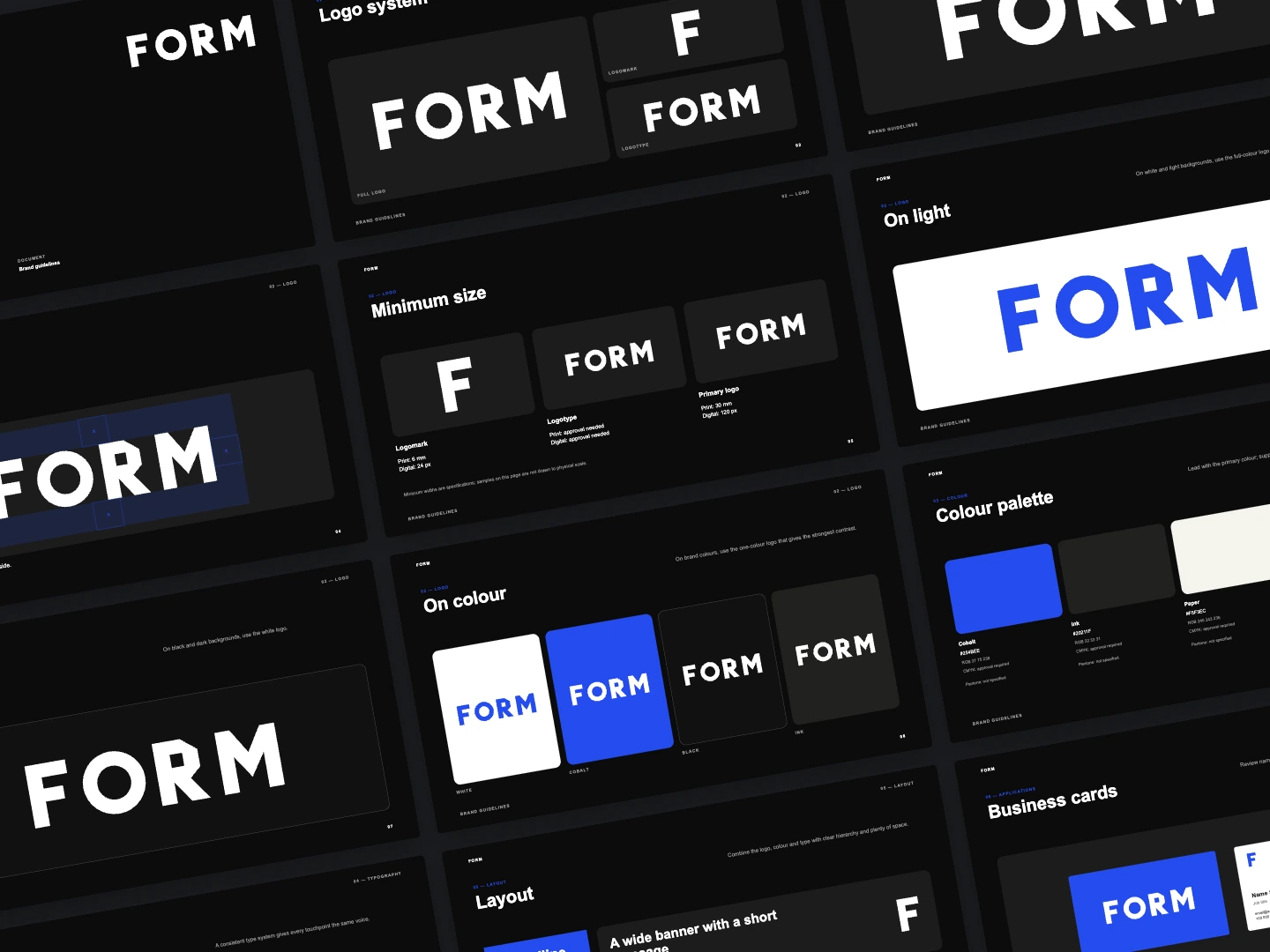 Twelve FORM guideline pages arranged in an angled editorial spread, with cobalt, cream and ink layouts