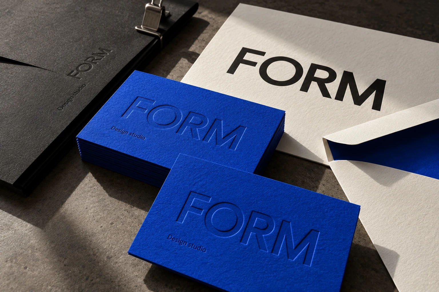 Tactile cobalt FORM business cards, an ivory invitation and envelope, and a debossed charcoal portfolio in raking daylight
