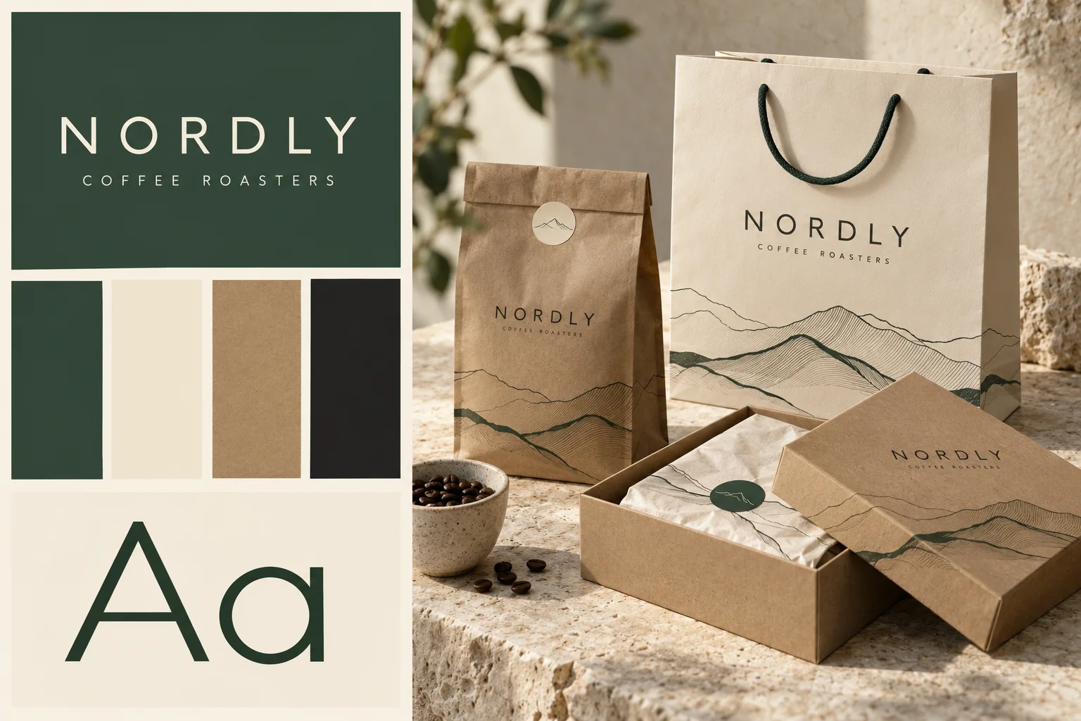 Fictional NORDLY coffee brand board with a forest-green wordmark, cream and kraft palette, packaging photograph and type specimen