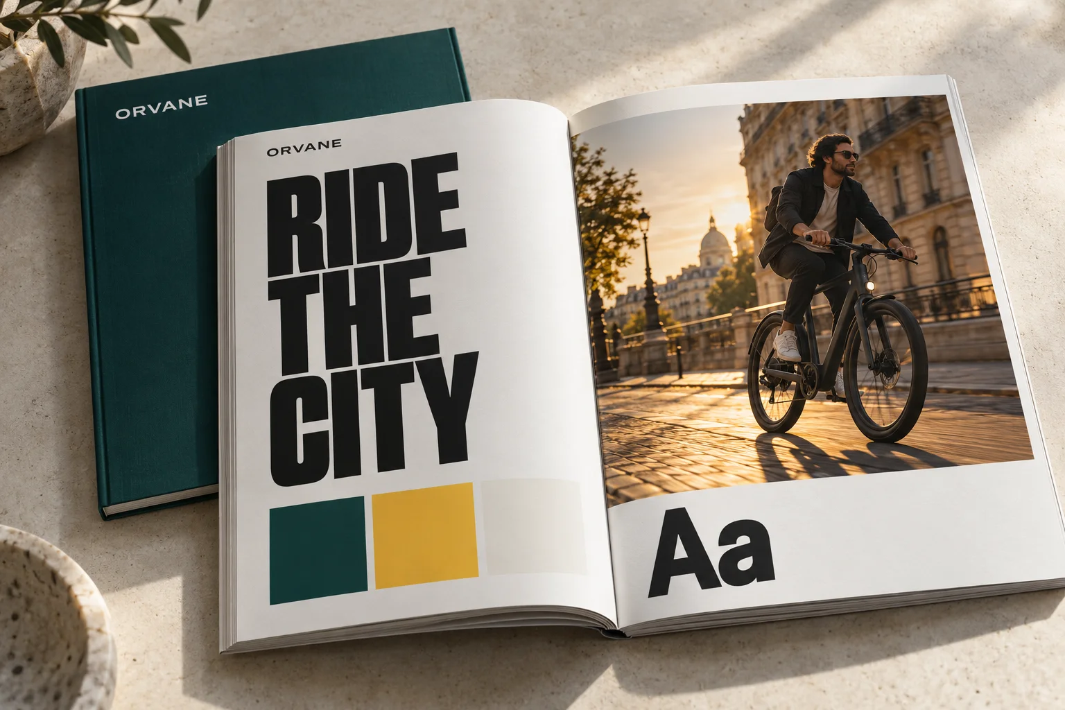Fictional ORVANE e-bike guidelines photographed as an open editorial spread with teal and yellow swatches and a city cyclist campaign
