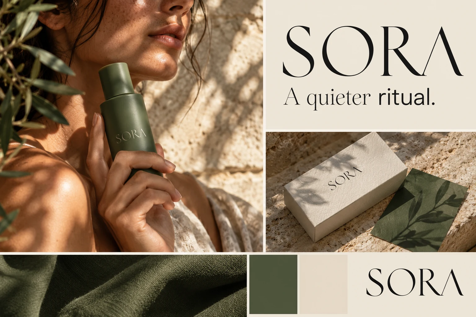 SORA botanical skincare campaign board combining a portrait with an olive bottle, editorial typography, textured packaging and fabric